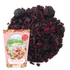 Infusion Cueillette de Printemps en vrac aux fruits rouges rouges et noirs, sachet rose avec illustration gourmande, salon.