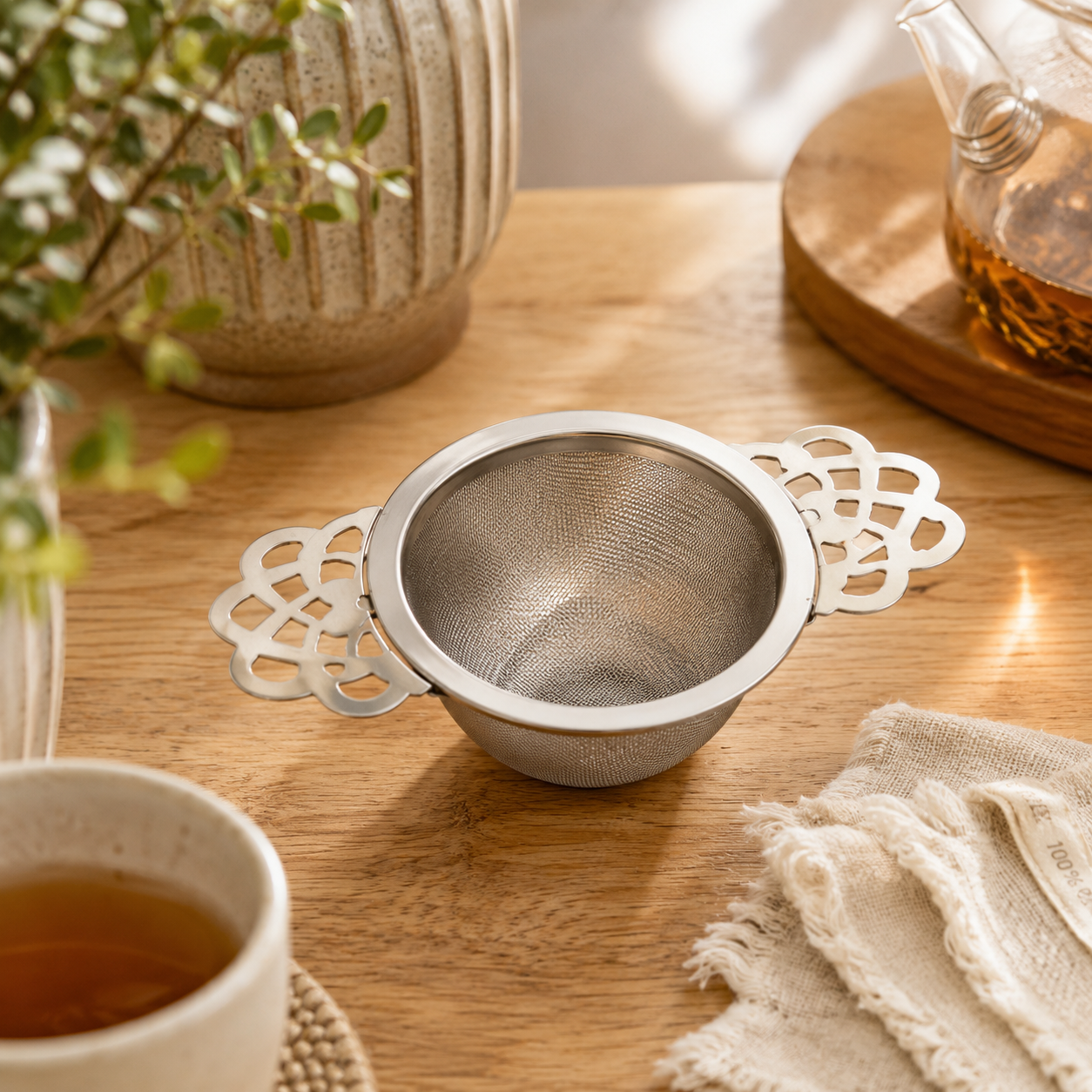 Colador de té inglés plateado en acero inoxidable.